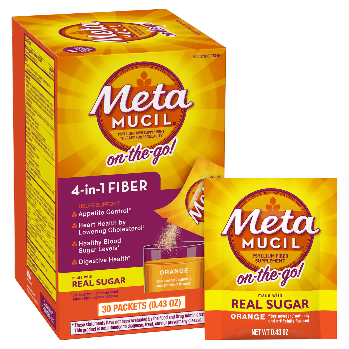 P&G Metamucil On-the-Go, Psyllium Husk Fiber Supplement, 4-in-1 Fiber for Digestive Health, Sugar Free, Orange Flavor, 30 packets/bx, 12 bx/cs