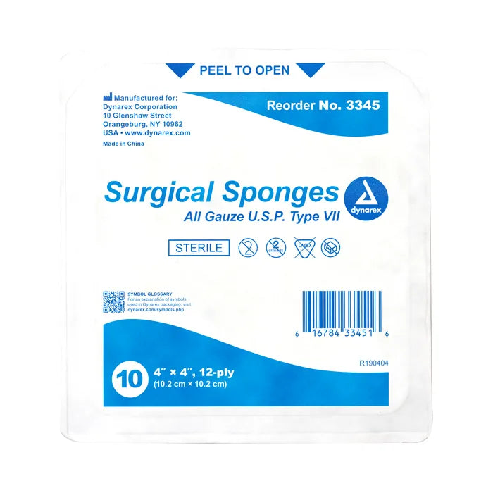 Dynarex Gauze Sponges, Sterile, 10 Sponges per Pack, 4"x4", 12 Ply