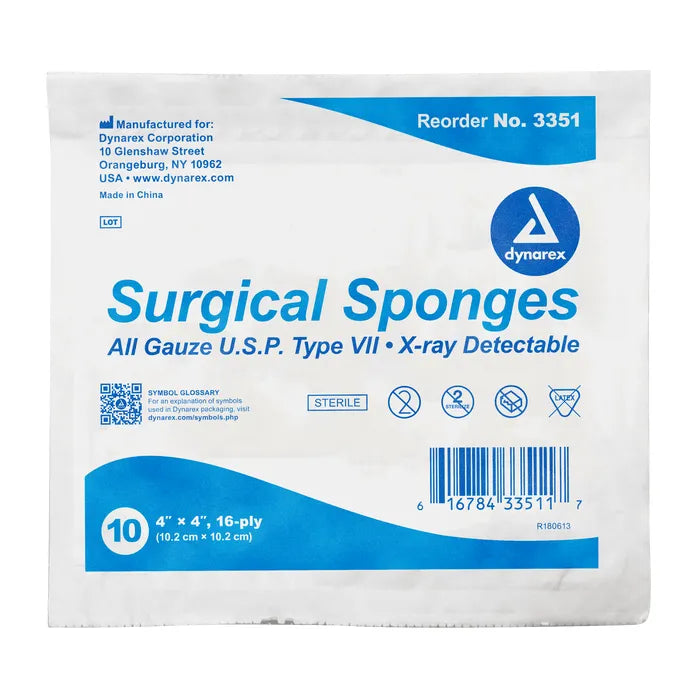 Dynarex Gauze Sponges, X-ray Detectable, Sterile, 10 Sponges per Pack, 4"x4", 16 Ply, 1280/Cs