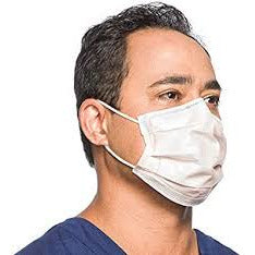 Image of a model wearing an orange pleated Level 3 procedure mask.