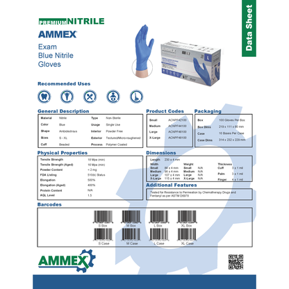 AMMEX Professional Blue Nitrile, Medium, Case of 1000