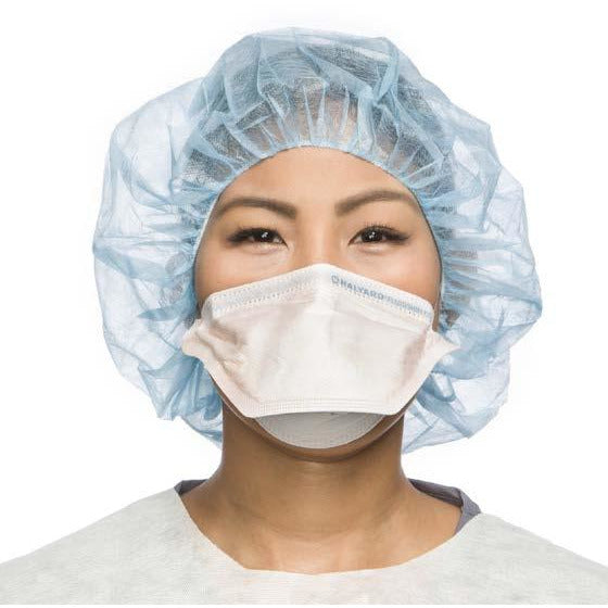 Image of a model wearing an orange duckbill N95 mask with dual elastic headbands.