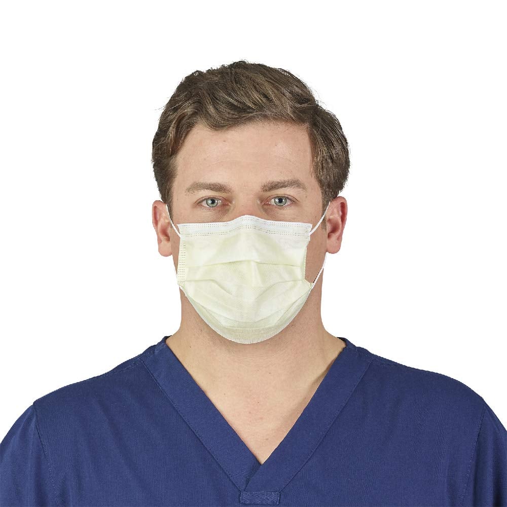 Image of model wearing a yellow pleated Level 1 procedure mask.