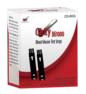 CLARITY DIAGNOSTICS GLUCOSE BG1000 Blood Glucose Meter Strips, 50/bx